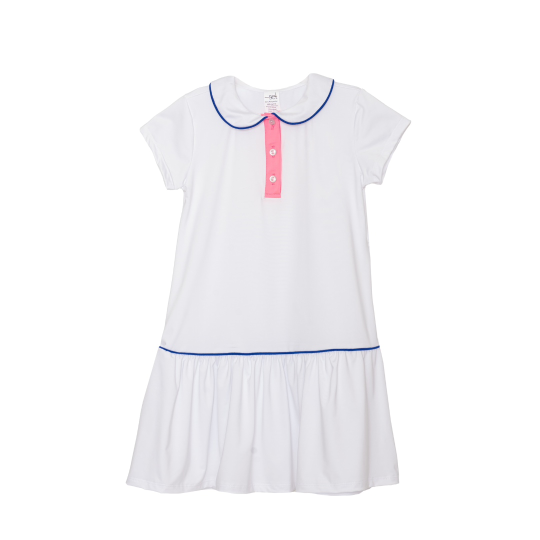 Darla Dropwaist Polo Dress - White Athleisure / Pink Placket / Royal Piping