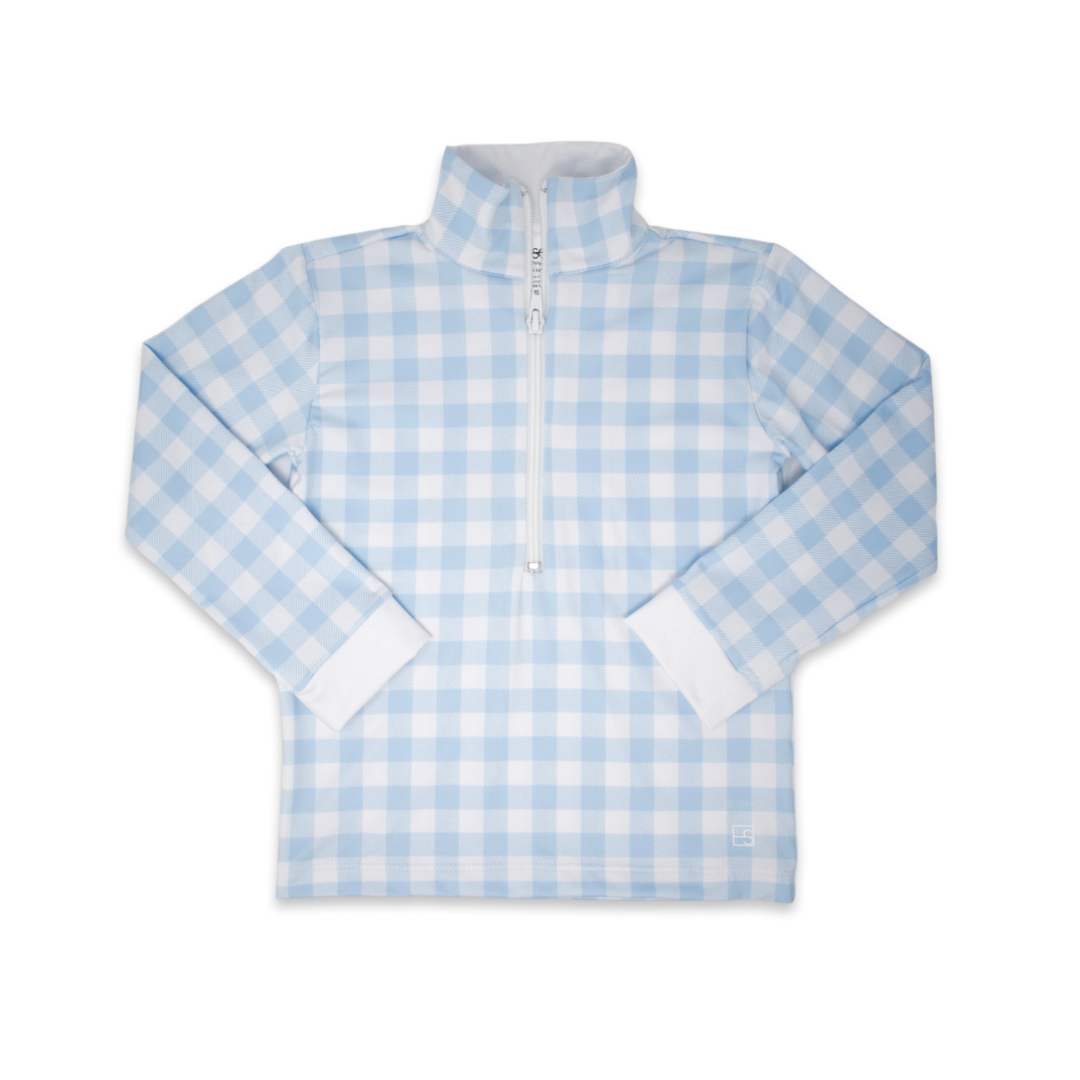 Henry Half Zip -  Cotton Candy Blue Buffalo Check, Pure Coconut